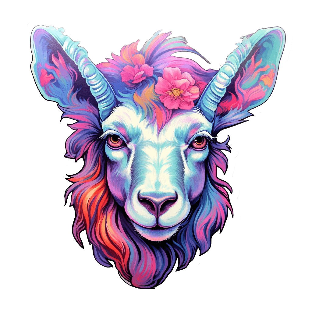 Psychedelic goat head sticker featuring vibrant colors and flowers for bold home decor.