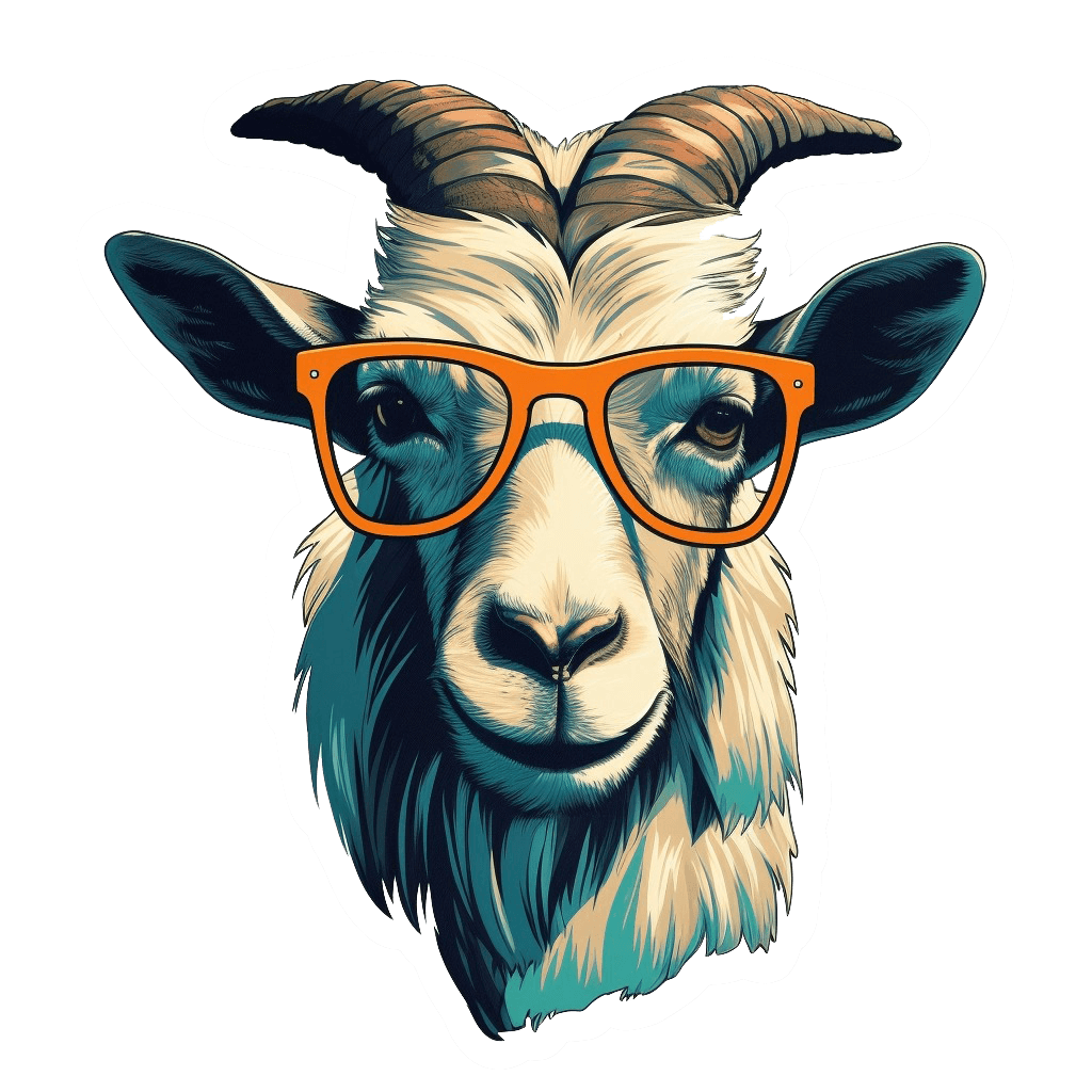 3D goat head wall decal wearing glasses in vibrant light indigo and amber colors, perfect for unique home decor.