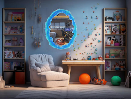 Custom blue and orange portal wall sticker reflecting a gamer's room, enhancing kid-friendly decor.