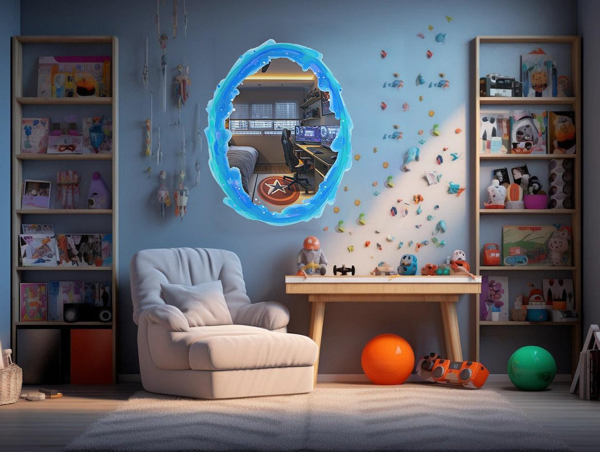Blue and orange portal aura wall sticker in a vibrant gamer room with cozy chair and colorful decor.