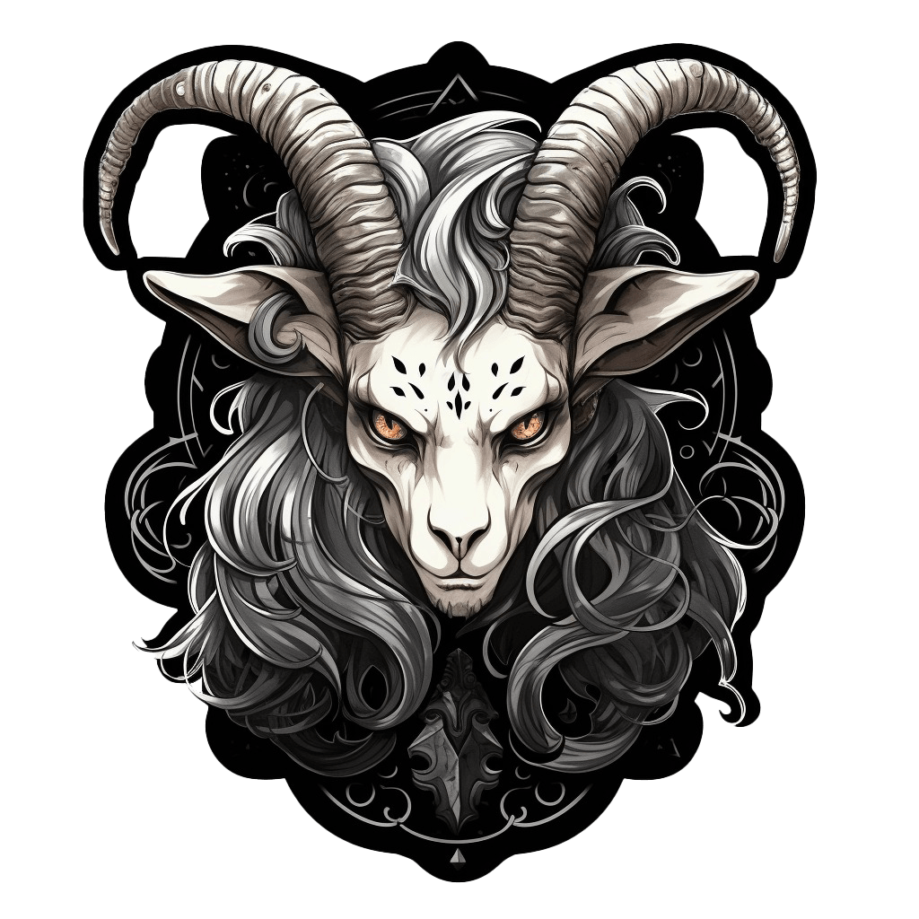 Zodiac Goat Wall Decal in Gothic Pop Surrealism style, featuring a striking goat with horns and flowing hair.
