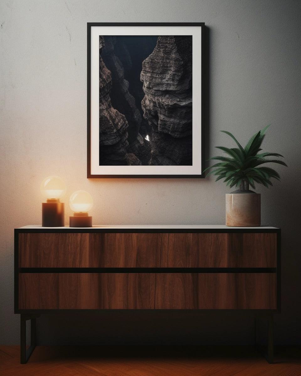 Custom wall poster featuring a serene canyon landscape in a stylish living room decor setting.