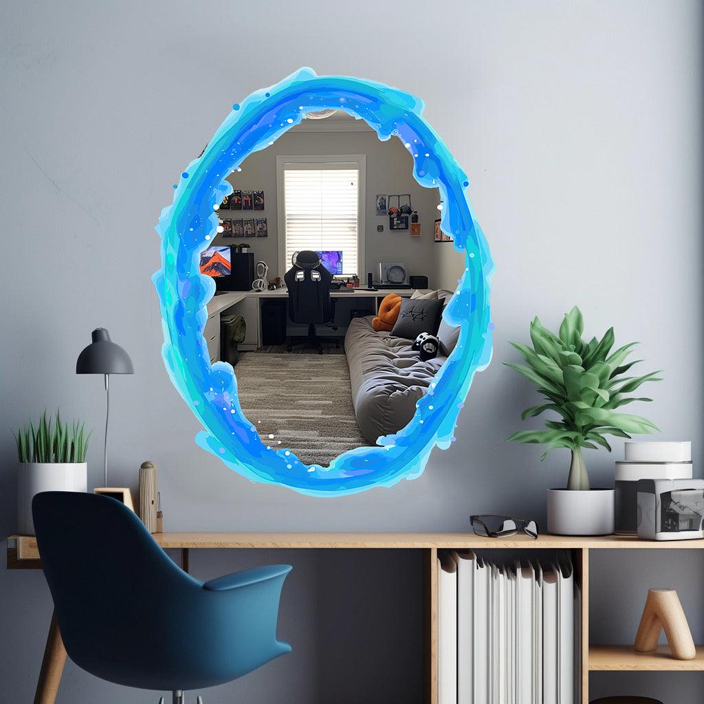 Blue and orange portal aura wall sticker with silver chrome mirror effect, enhancing gamer room decor.