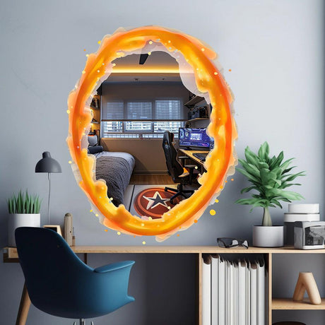 Vibrant orange portal aura wall sticker on a wall, adding dynamic decor to a game room with modern furnishings.