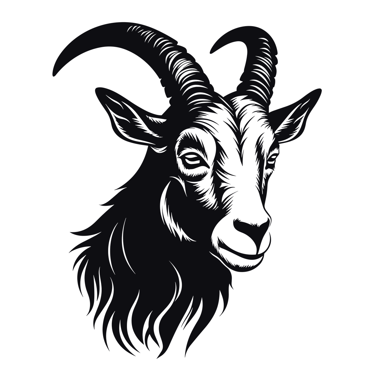 Intricate black silhouette of a zodiac goat head with prominent horns and detailed facial features.