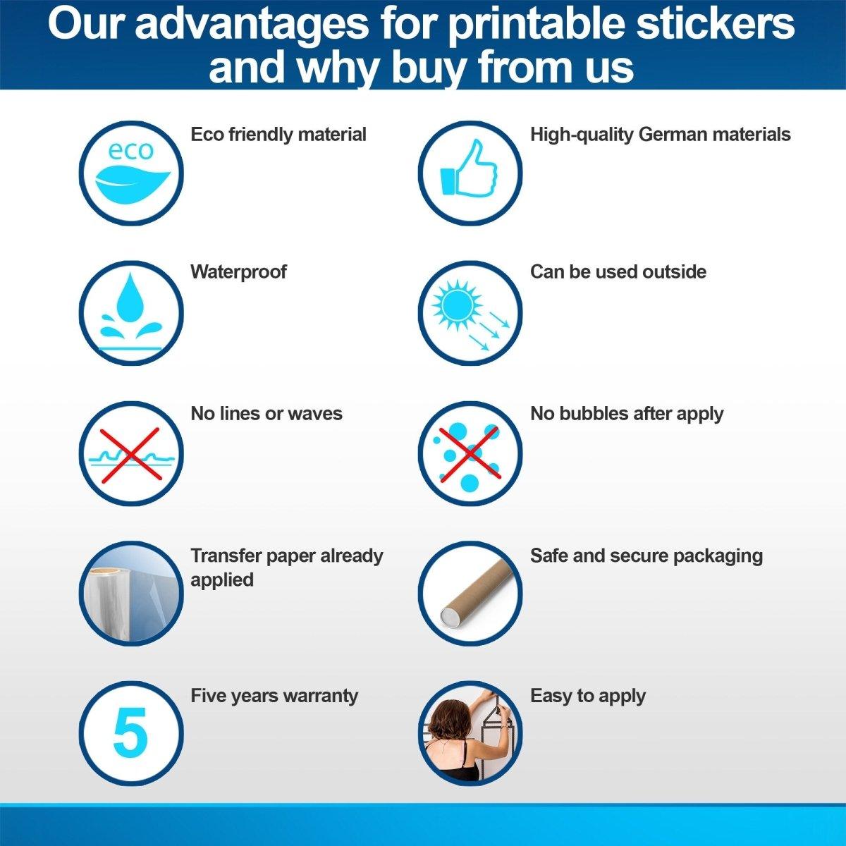 Infographic highlighting advantages of printable stickers: eco-friendly, waterproof, high-quality, easy to apply, and 5-year warranty.