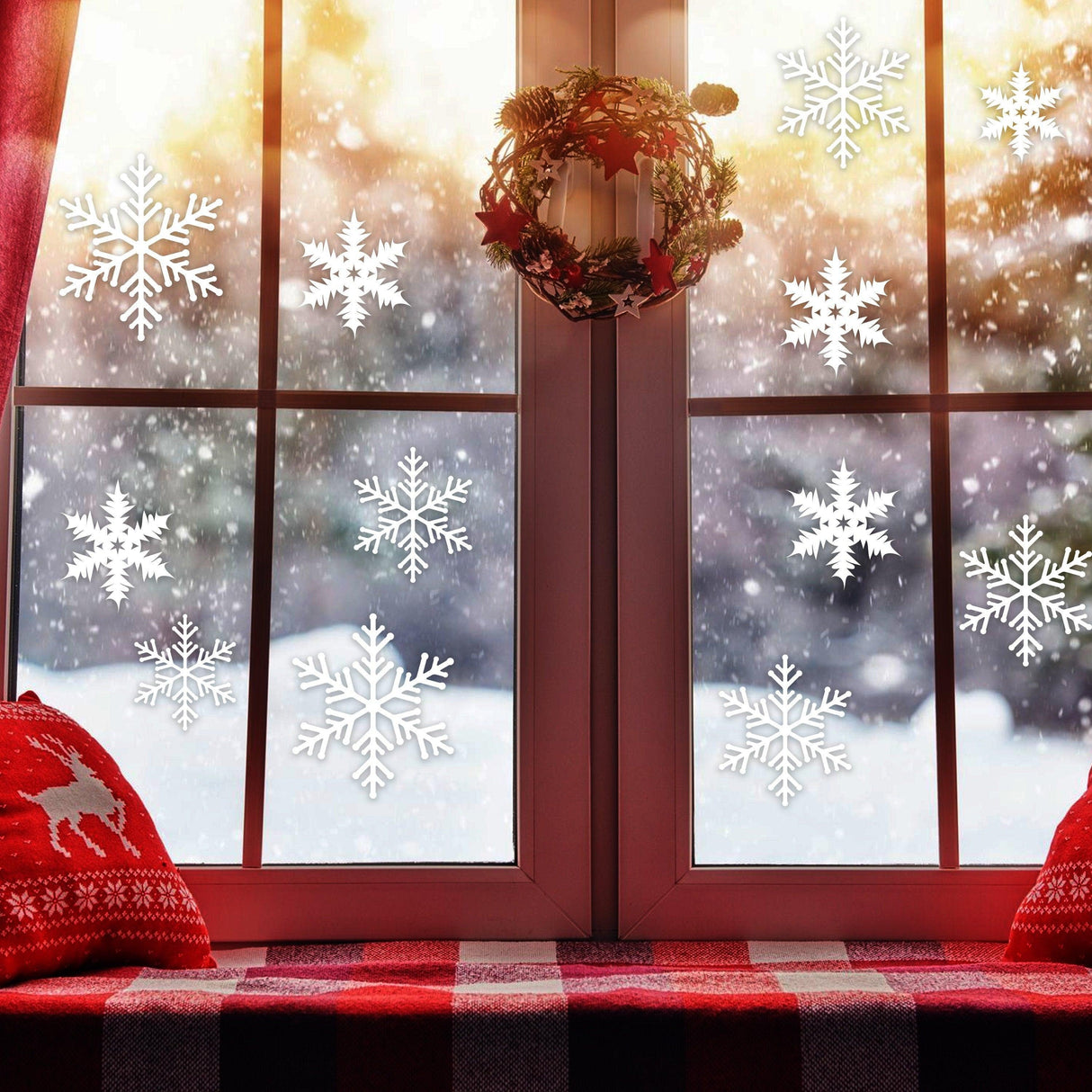Winter Wonderland window with snowflake stickers, adding a magical touch to home decor.