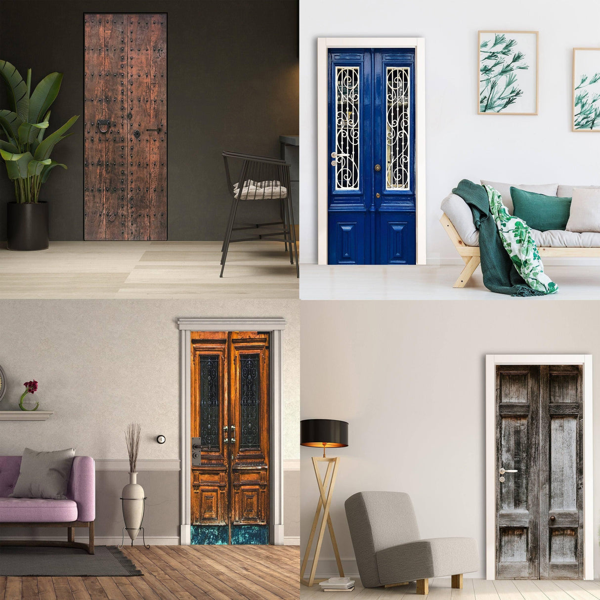 Collage of stylish door designs featuring unique wallpaper murals in modern interior settings.