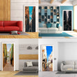 Four stylish interiors featuring 3D door murals that enhance room decor with vibrant urban designs.