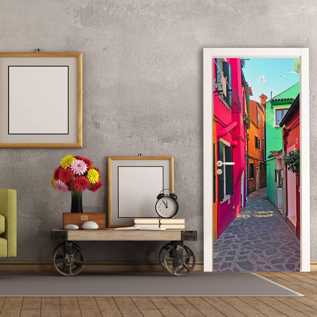 Vibrant 3D vinyl door mural by StreetScapes, adding colorful street scene decor to any room.