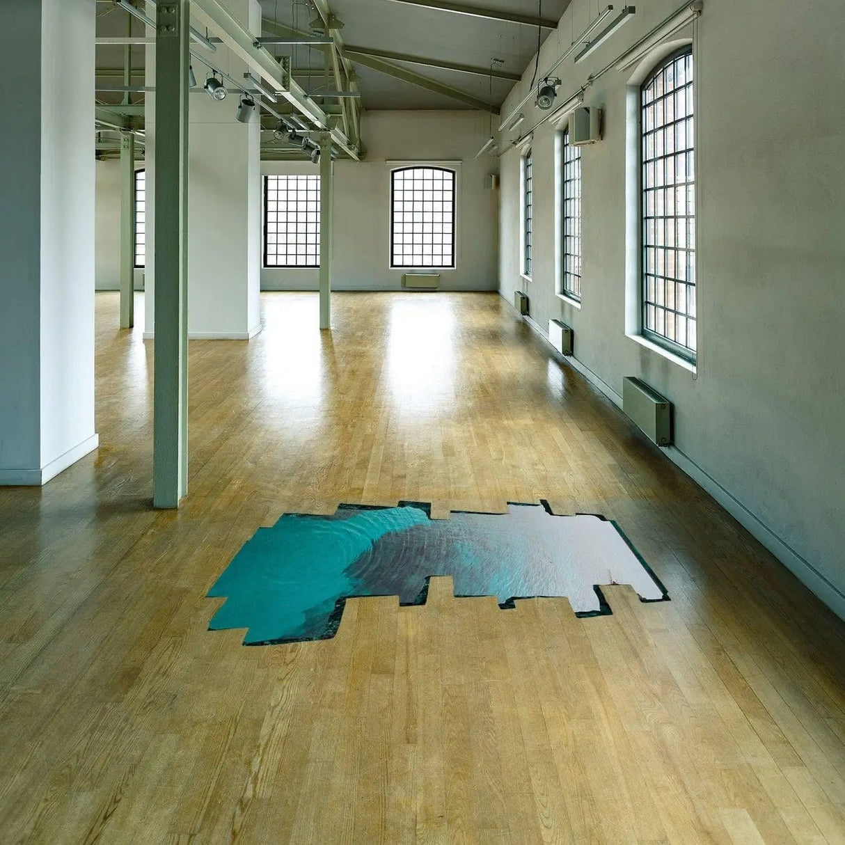 3D oceanic illusion floor decal in an empty room, showcasing realistic underwater design.