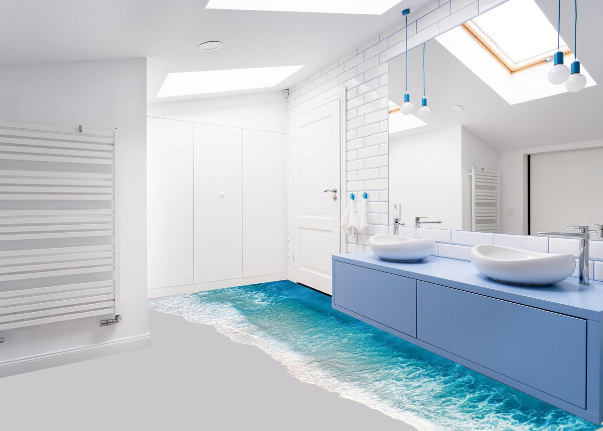 Stylish bathroom featuring a 3D ocean paradise wall decal on the floor, creating a serene beach atmosphere.