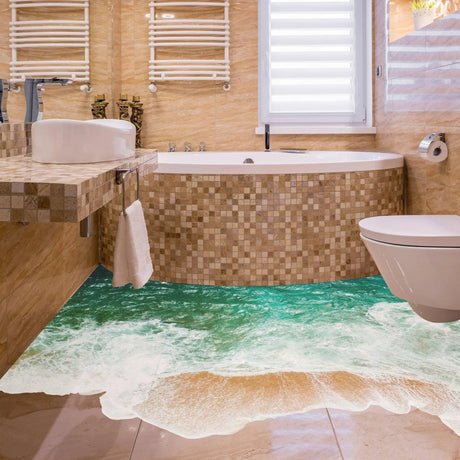 Underwater oasis themed wall decal stickers in a bathroom with ocean floor design, enhancing decor.