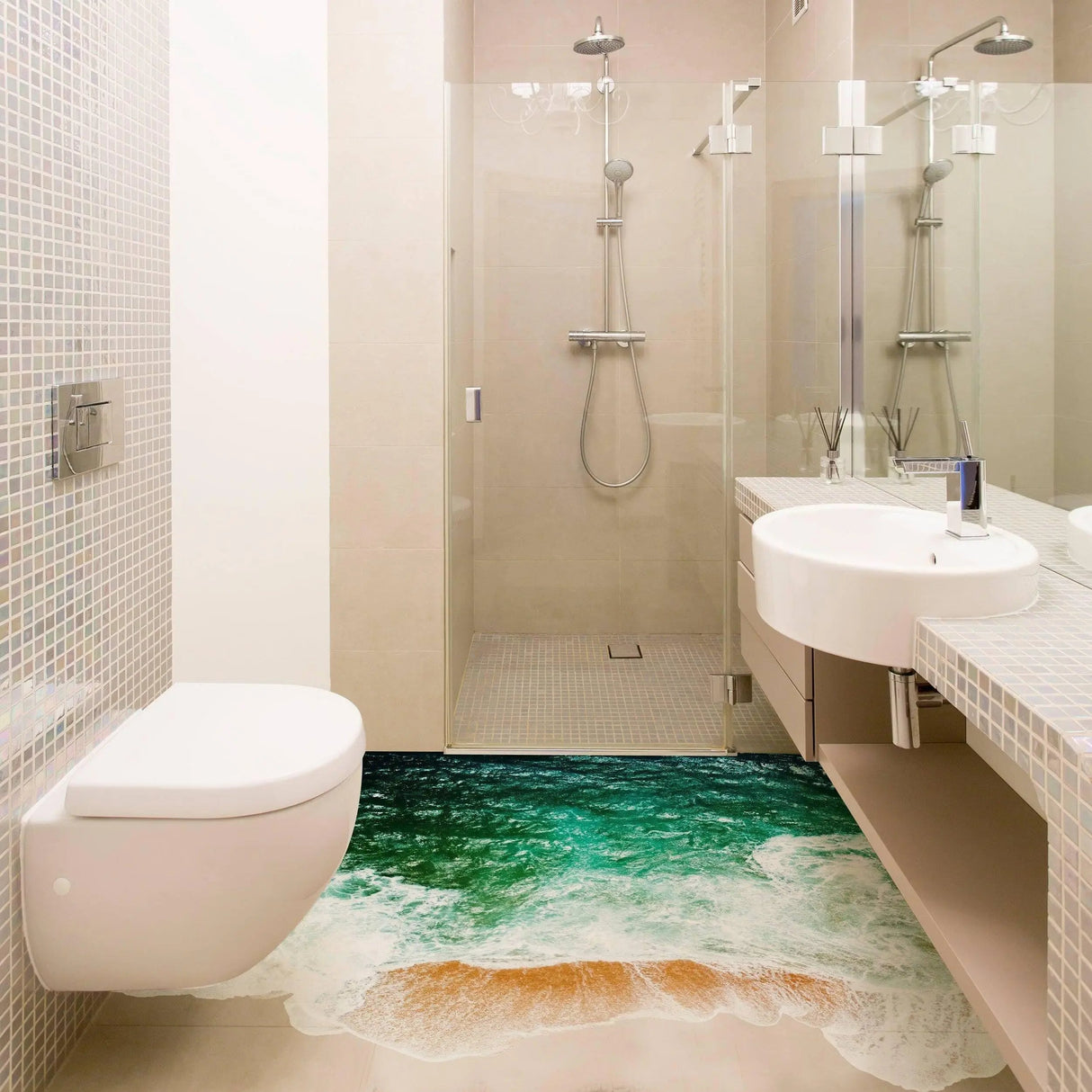 Bathroom featuring ocean beach vinyl wall decal stickers on floor, creating an underwater oasis effect.