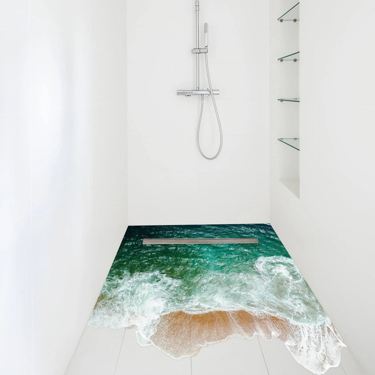 Underwater oasis wall decal featuring ocean waves on shower floor for bathroom decoration.