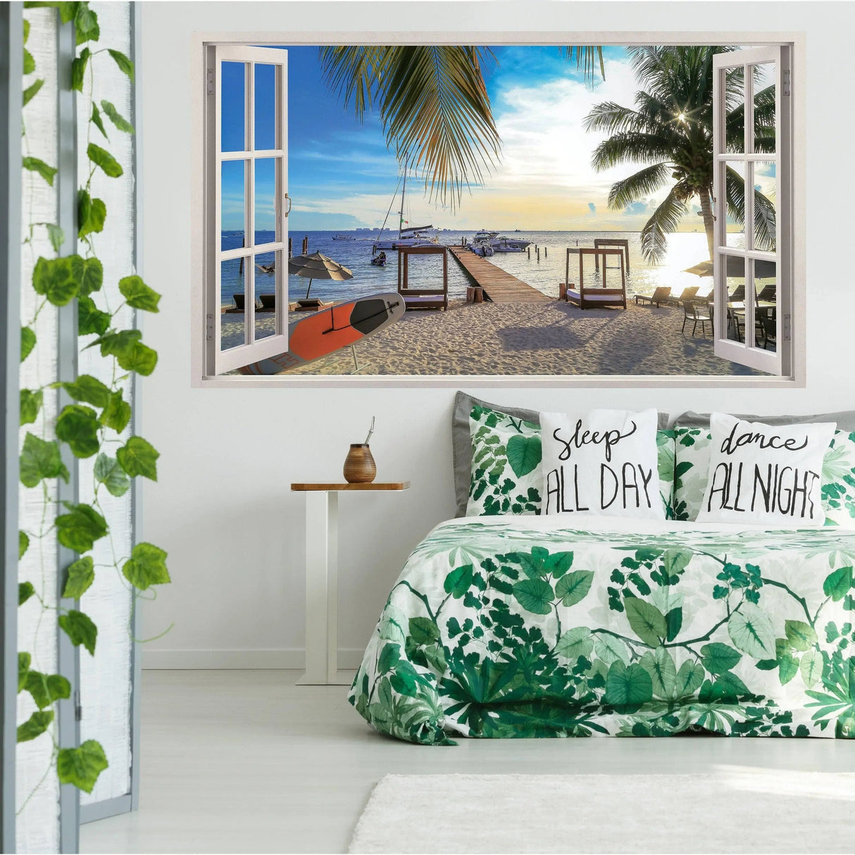 Tropical Paradise Wall Sticker creating a beach view in a stylish bedroom with green decor and cozy bedding.