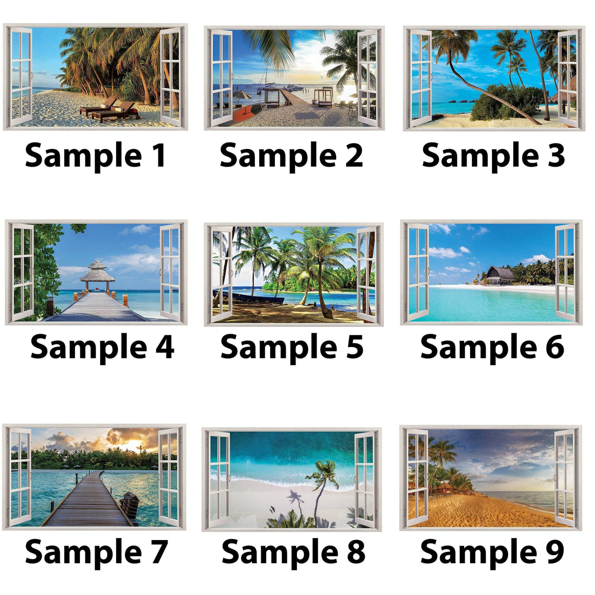Collection of 3D tropical beach view wall decals showcasing vibrant scenery and stunning window frames.