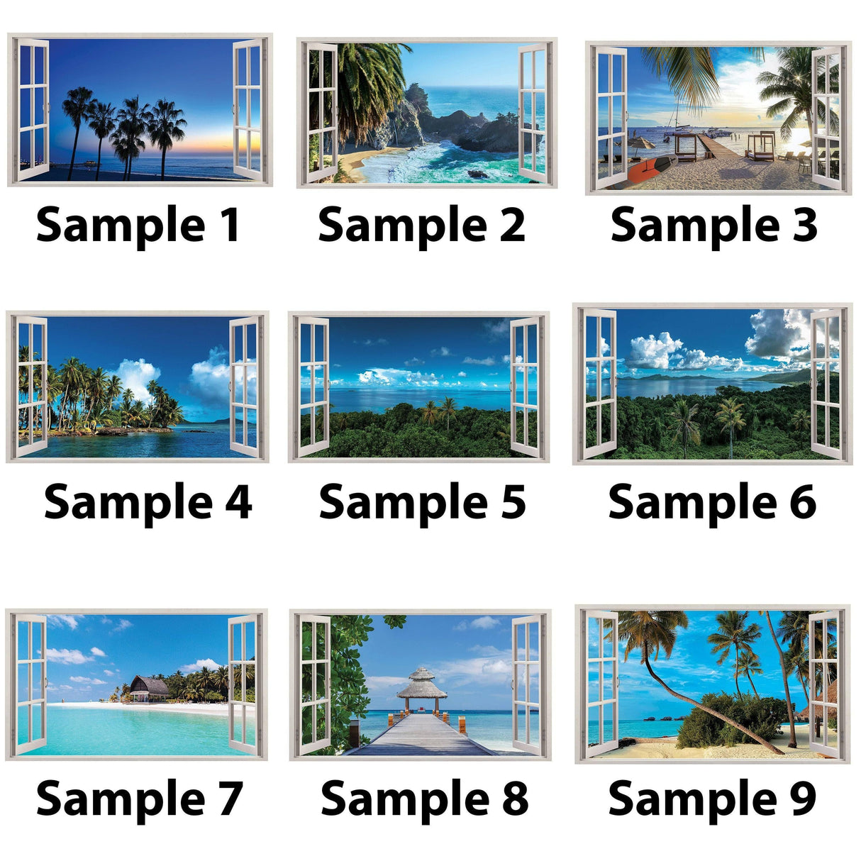 Grid of 9 3D window beach view wall stickers showcasing vibrant ocean scenes and palm trees.