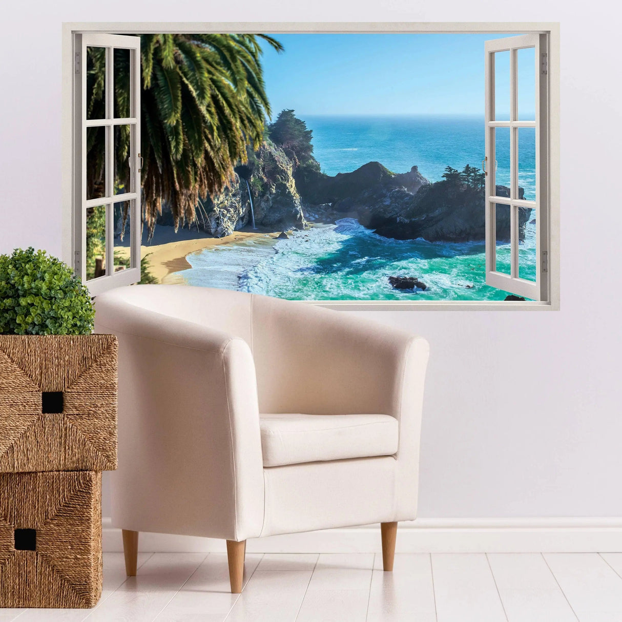 3D tropical paradise wall sticker featuring a beach view from a window, enhancing interior decor with vibrant colors.