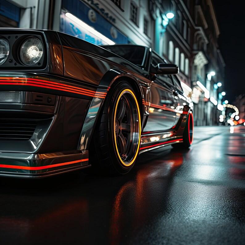 SleekLine™ Peel-and-Stick Geometric Car Decals on a stylish car, enhancing its modern look at night.