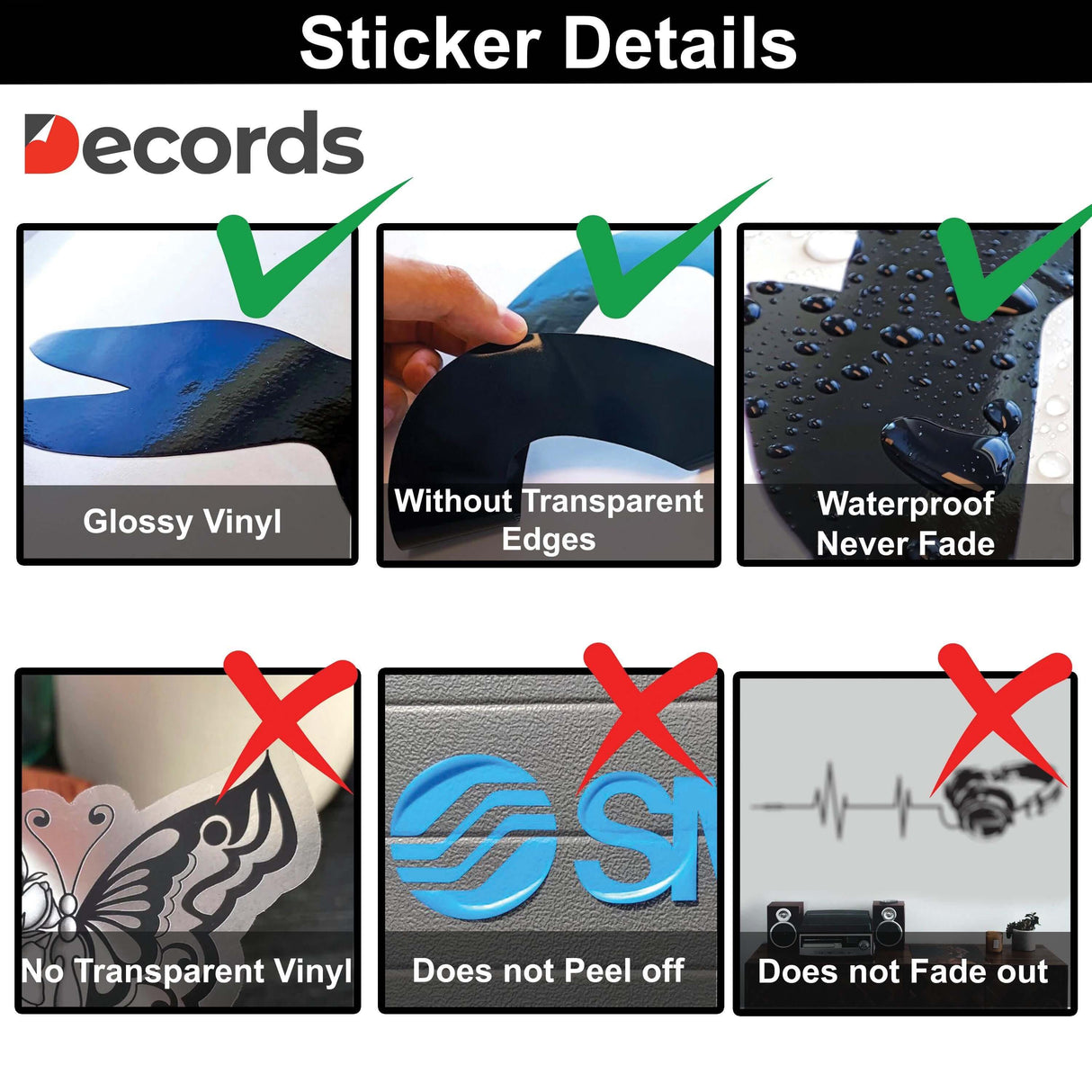 Infographic showing features of Decords stickers: glossy vinyl, waterproof, no transparent edges, and fade-resistant.