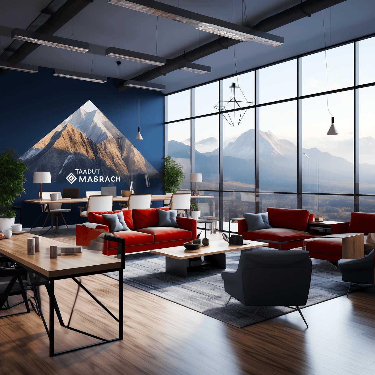 Modern office interior with mountain mural, featuring red furniture and panoramic windows.