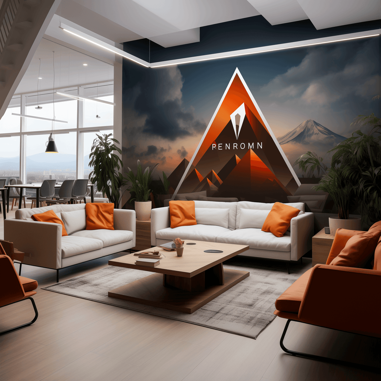 Modern living room featuring a striking vinyl wall art with a mountain design.