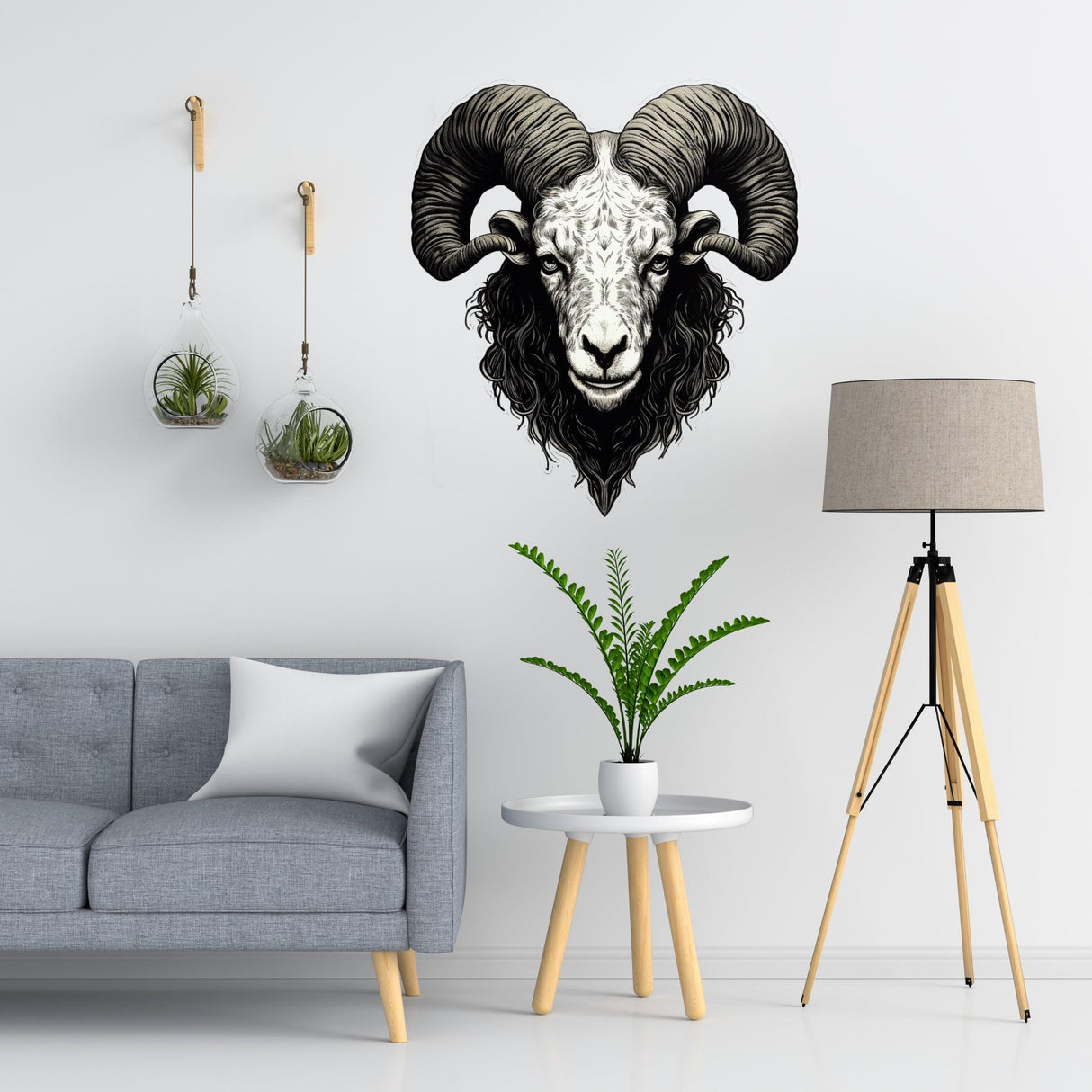 Large ram wall sticker in bold, angular style, featuring intricate black and white illustration in modern living room setting.