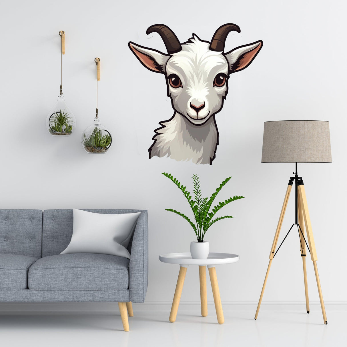 Playful cartoon baby goat wall sticker adorning a stylish living room, enhancing the decor with charm.