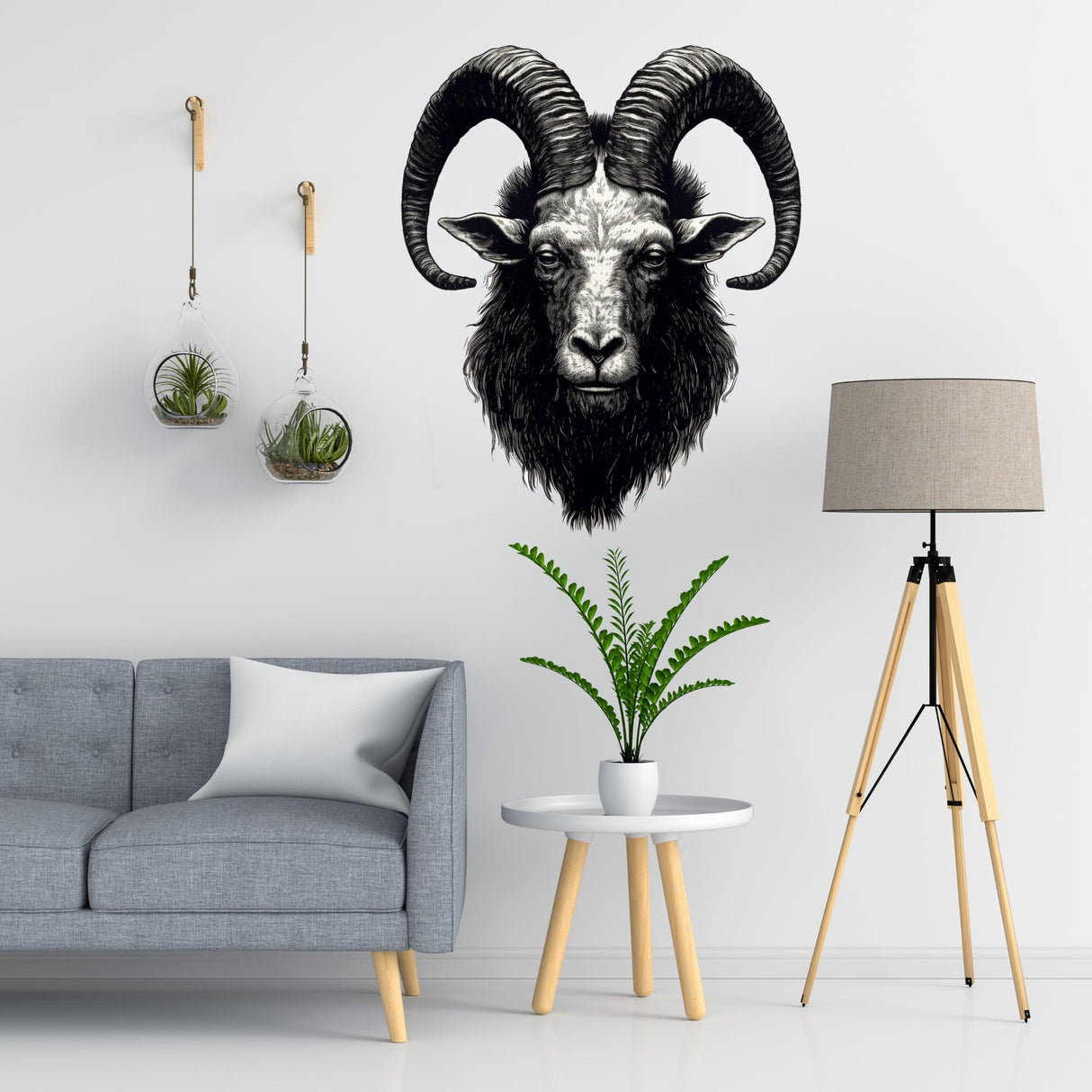 Realistic surreal ram head wall decal in detailed ink illustration above a modern sofa and lamp.