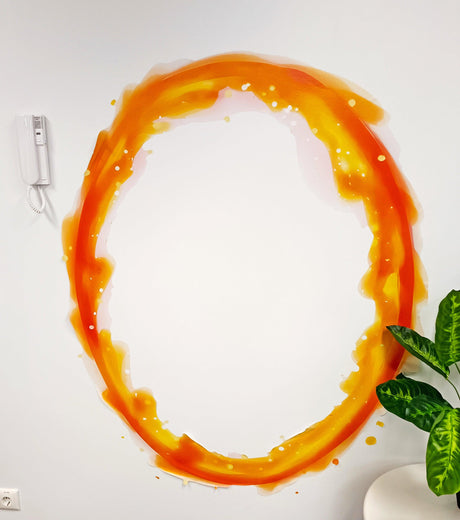 Vibrant orange portal wall sticker decor on a white wall, perfect for gamer and geek room aesthetics.