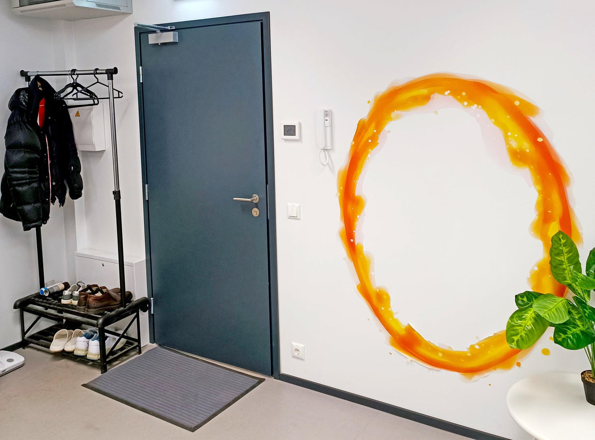 Vibrant orange portal aura wall sticker on a white wall, enhancing a modern entryway decor.