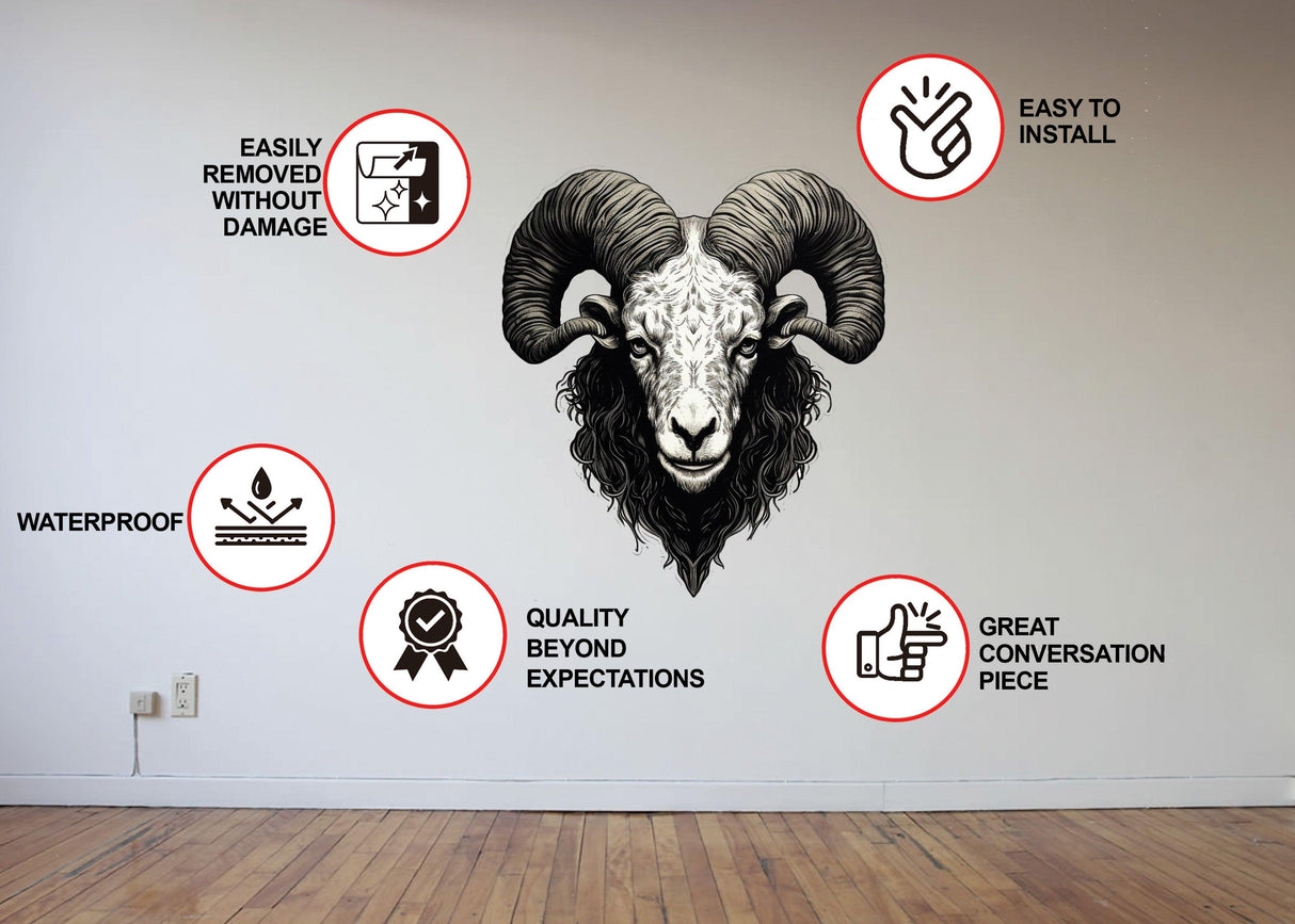 Large ram wall sticker showcasing bold design with installation features like waterproof, removable, and quality assurance.
