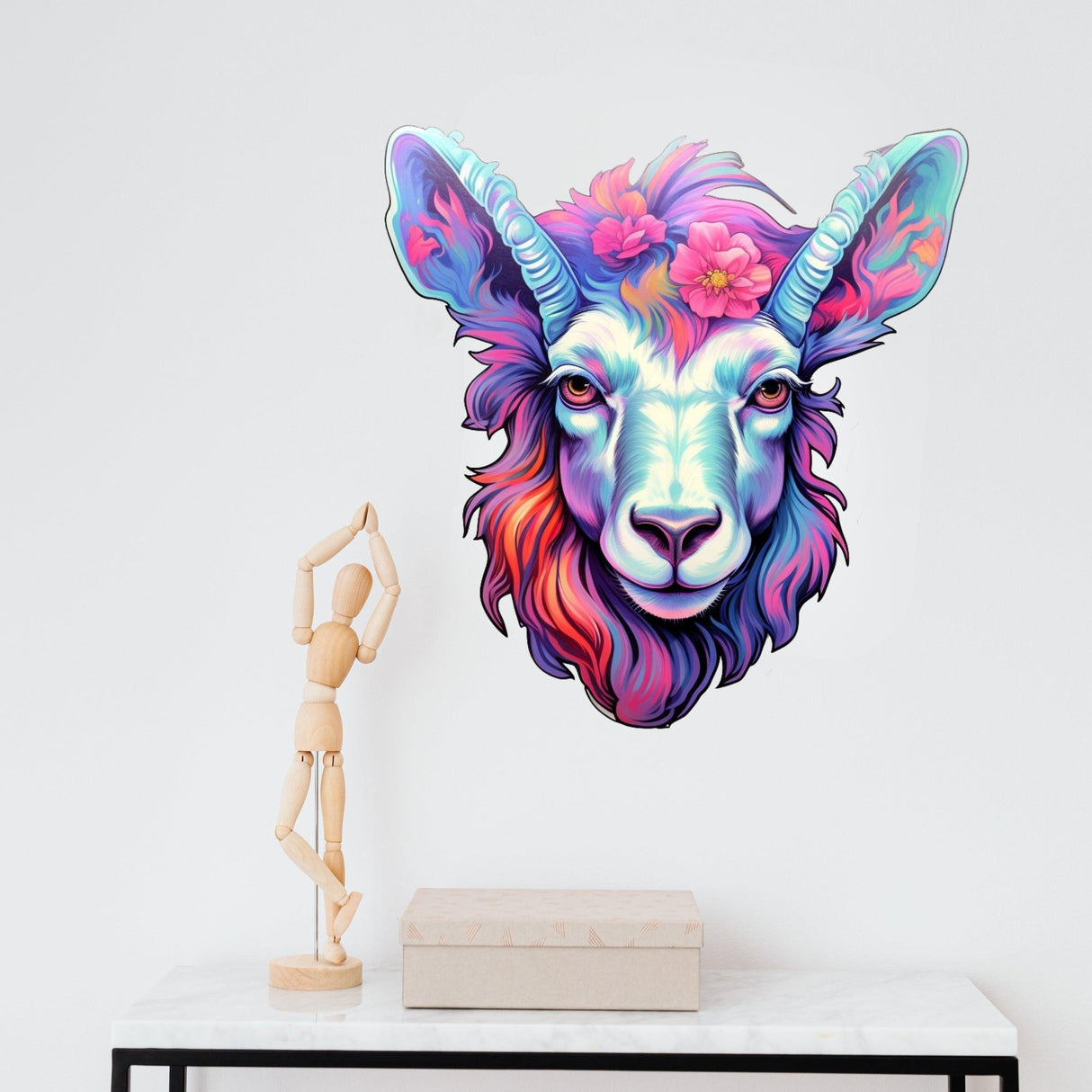 Psychedelic goat head sticker with vibrant colors and floral accents, perfect for bold home decor.