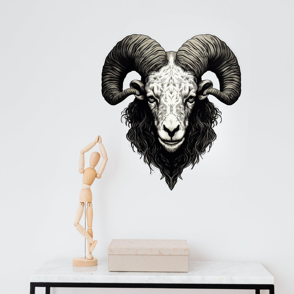 Large ram wall sticker in bold, angular style with intricate black and white design displayed in a modern room.