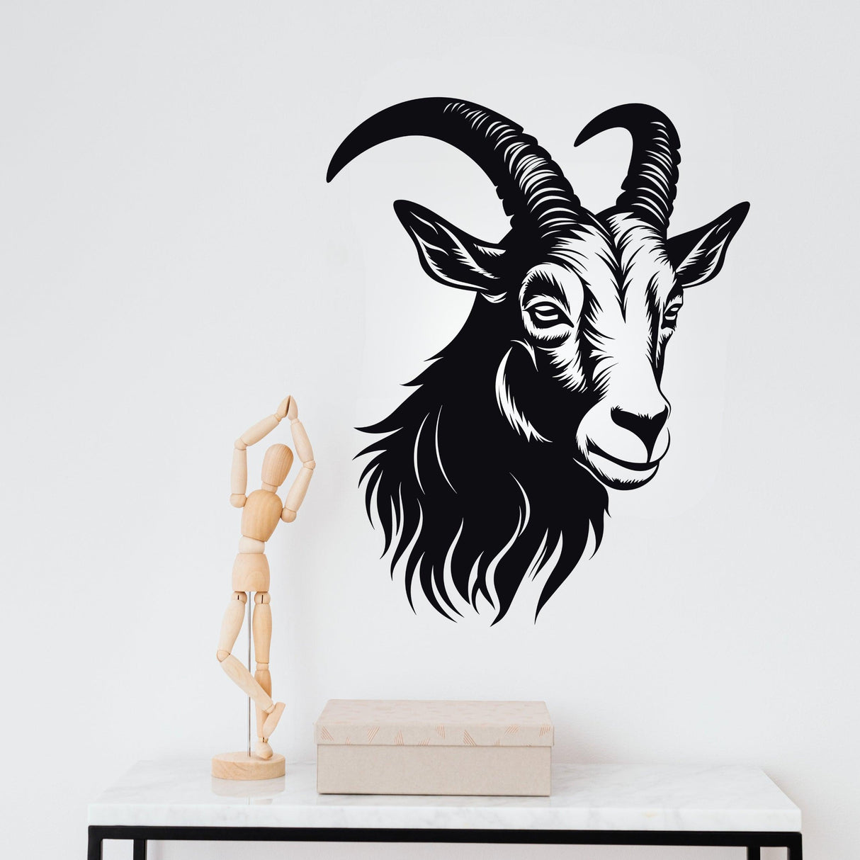 Large Zodiac Goat Wall Decal Art featuring intricate design and strong facial expression, perfect for astrology enthusiasts.