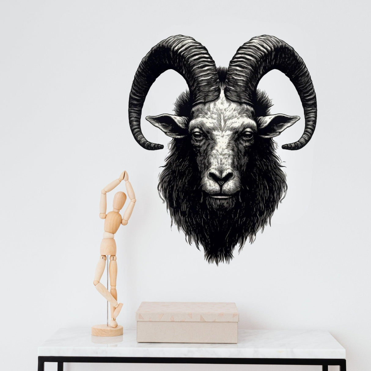 Realistic ram head wall decal with detailed ink illustration, showcasing surreal art in a modern interior.