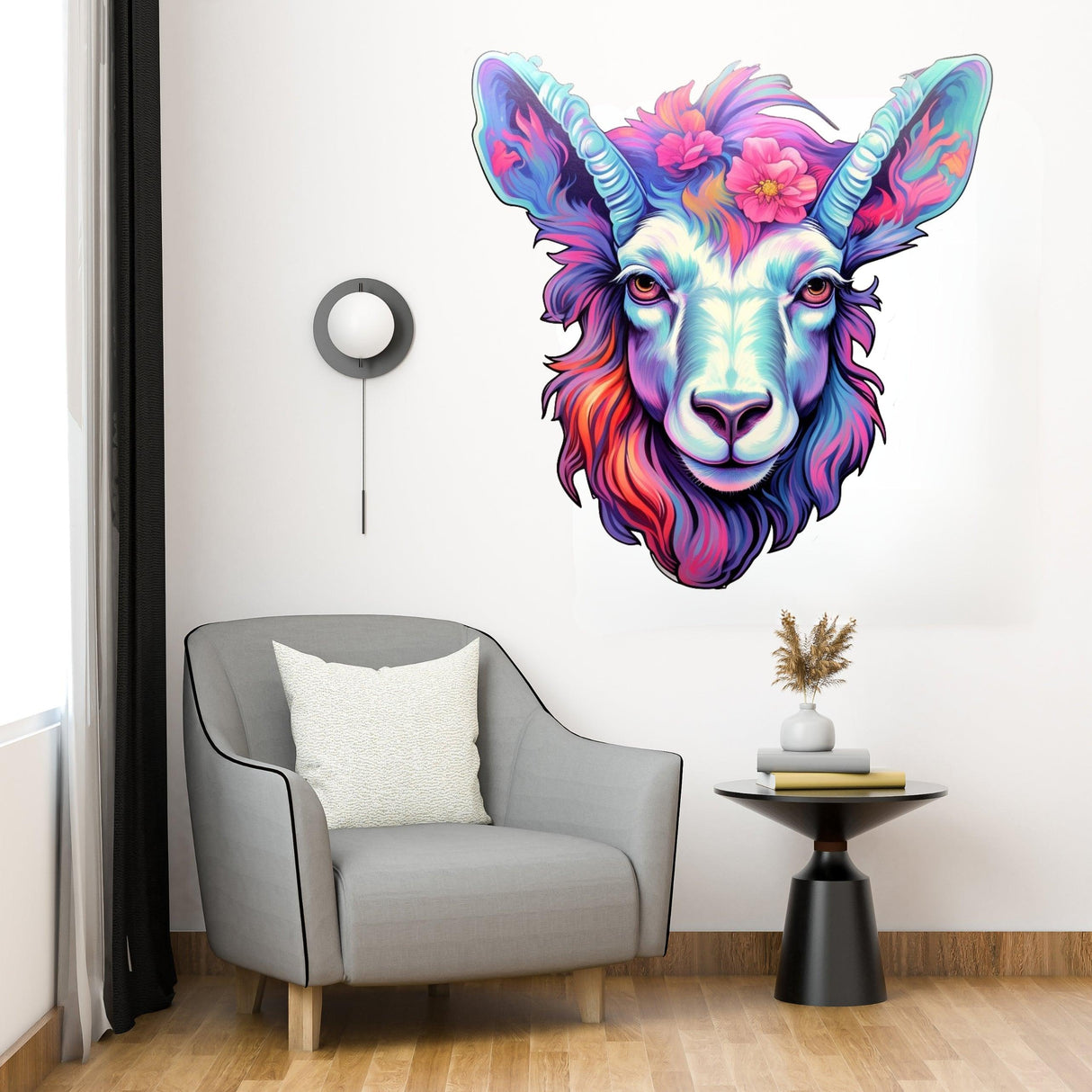 Psychedelic goat head sticker art displayed in a modern living room, adding vibrant color to interior decor.