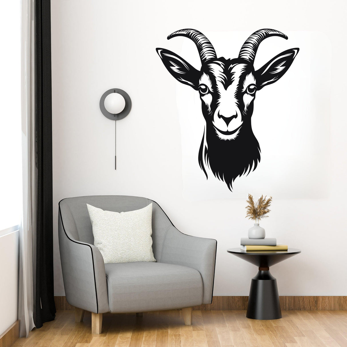 Vinyl goat wall sticker decal in a modern living room, showcasing rustic elegance and intricate wood engraving style.