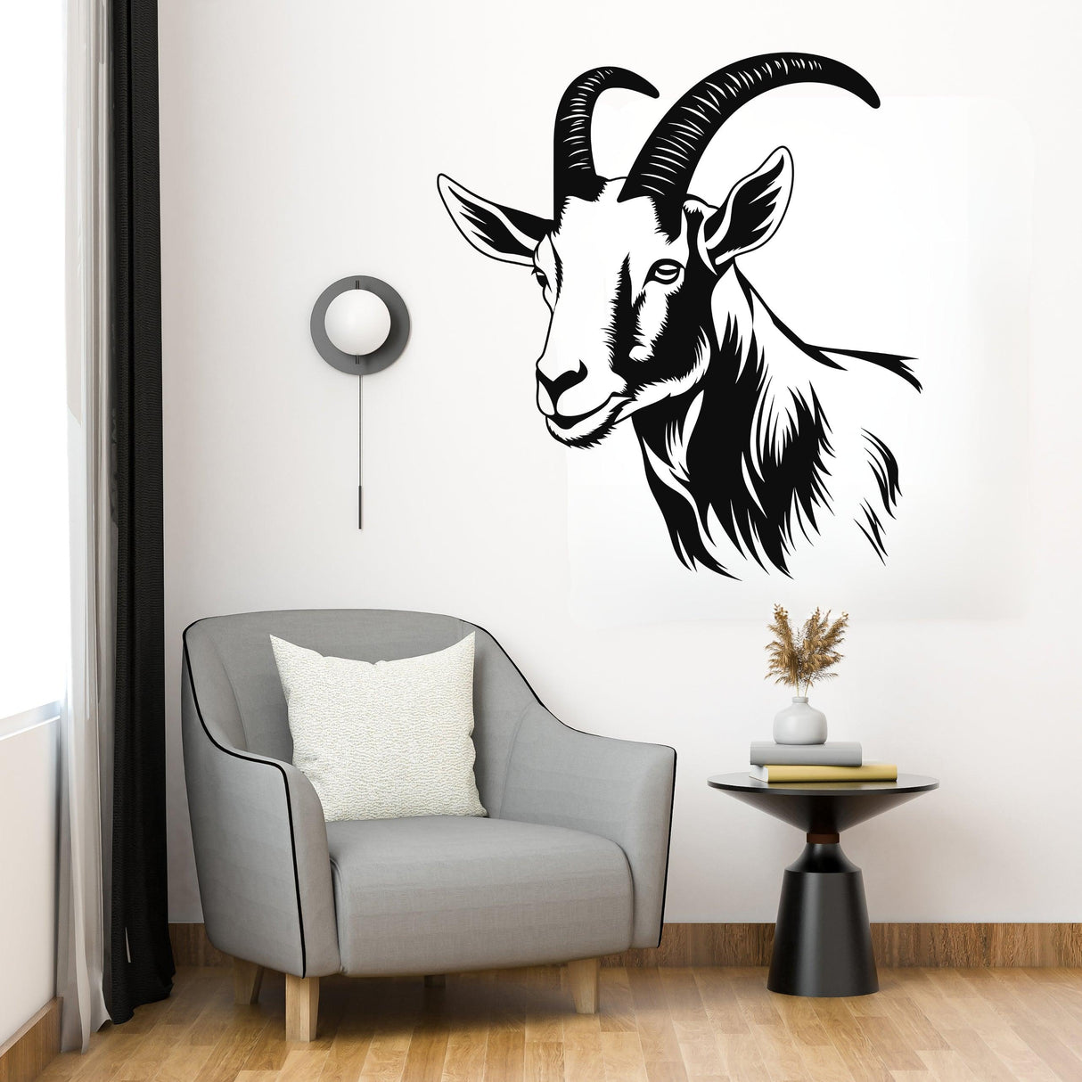Graceful Goat wall decal in a modern living room, showcasing serene black and white artistry.