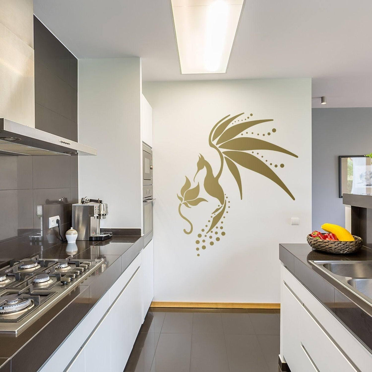 Elegant wall decal of a hummingbird design in a modern kitchen, adding artistic flair and whimsy to the decor.