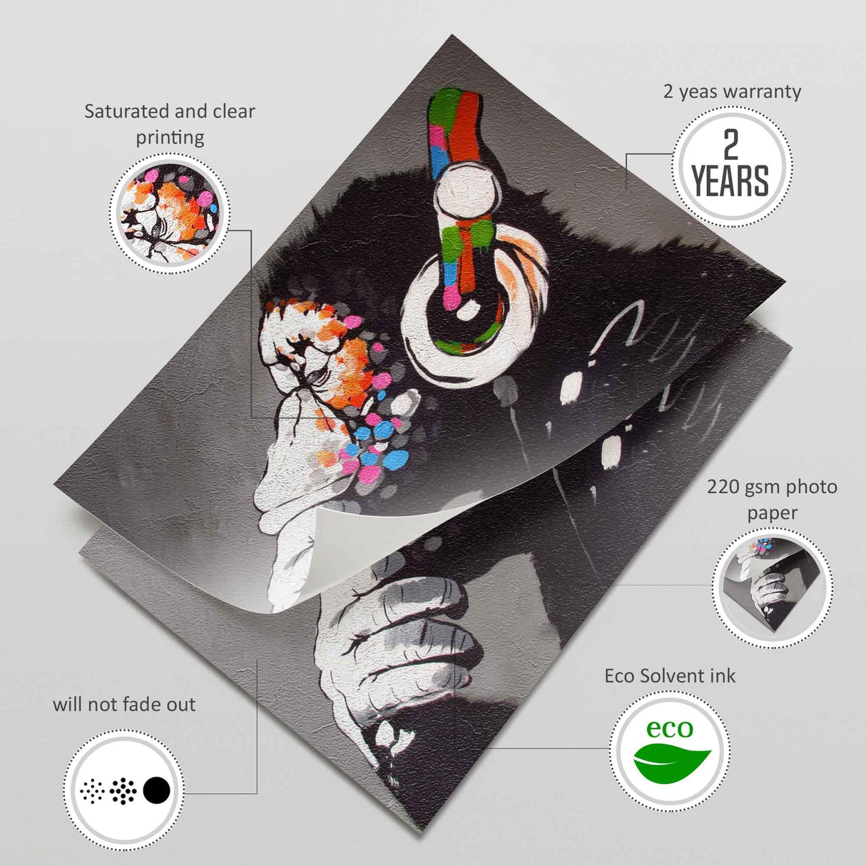 Custom wall poster featuring colorful monkey design on 220 gsm photo paper with eco-friendly ink and 2 years warranty.