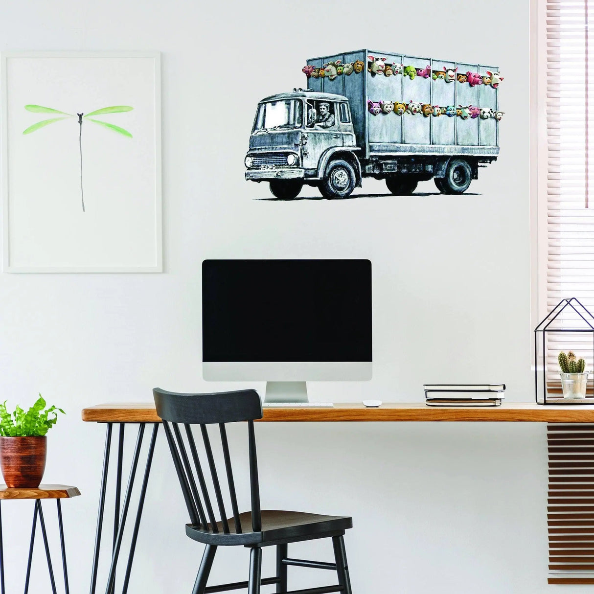 Banksy Animal Truck vinyl wall sticker displayed in a modern office setting for stylish wall decor.