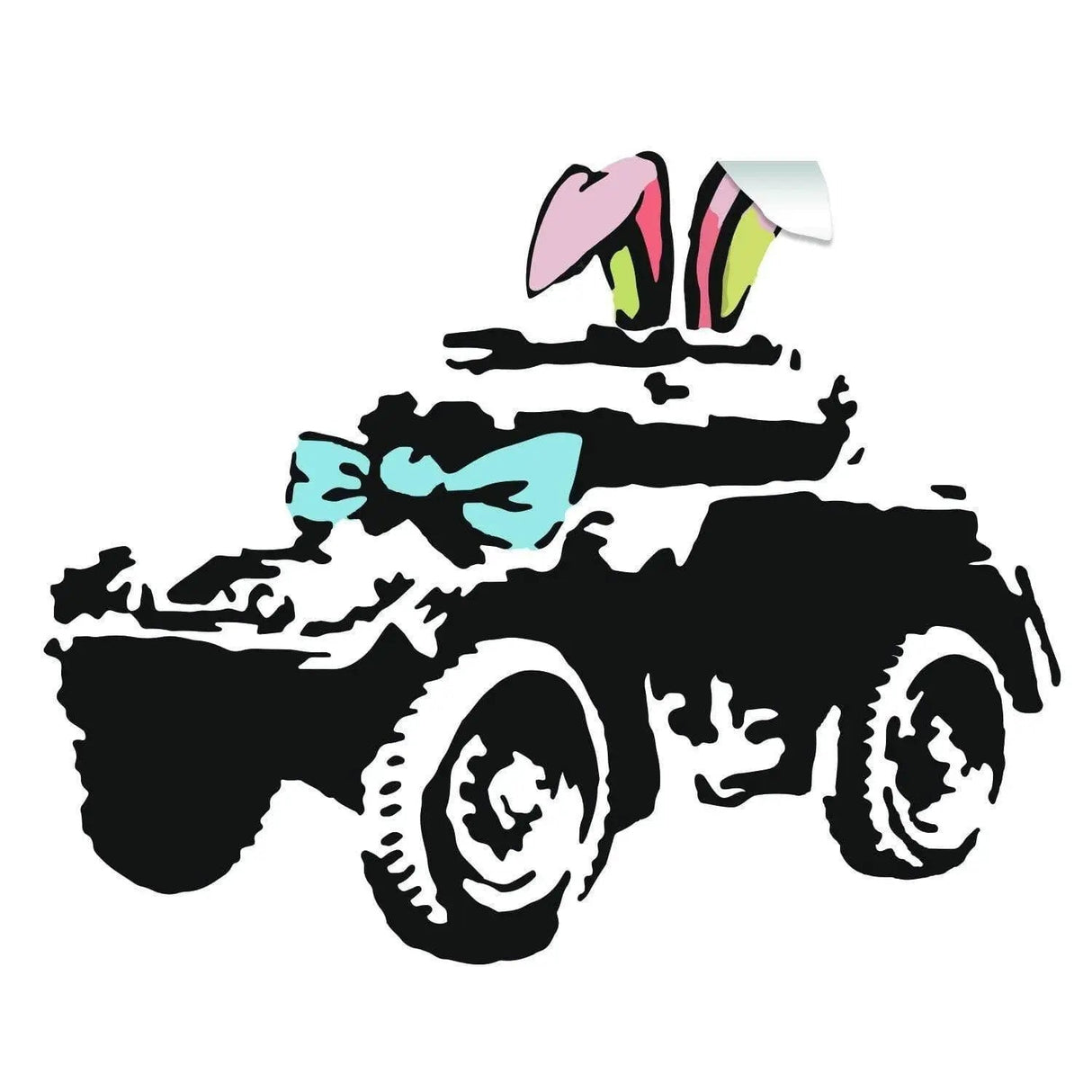 Urban style armored vehicle wall decal with colorful bunny ears and bow, perfect for aesthetic room décor.