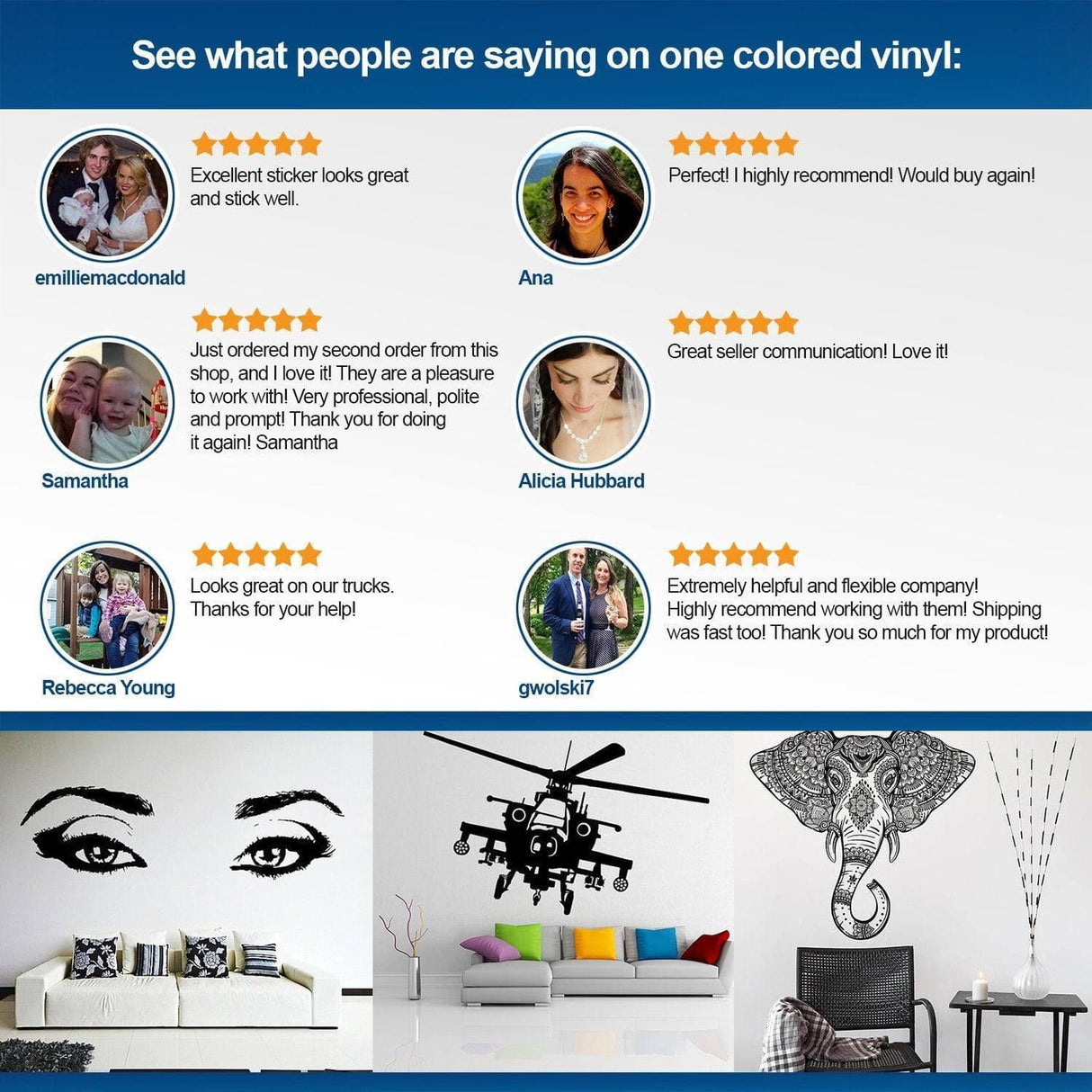 Customer reviews and testimonials for one colored vinyl wall stickers showcasing satisfaction and quality.
