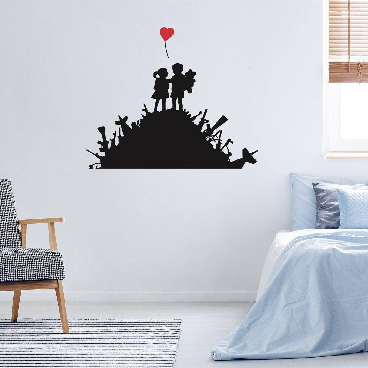 Urban Design Wall Decal of a boy and girl with a heart balloon on a wall, perfect for modern decor.