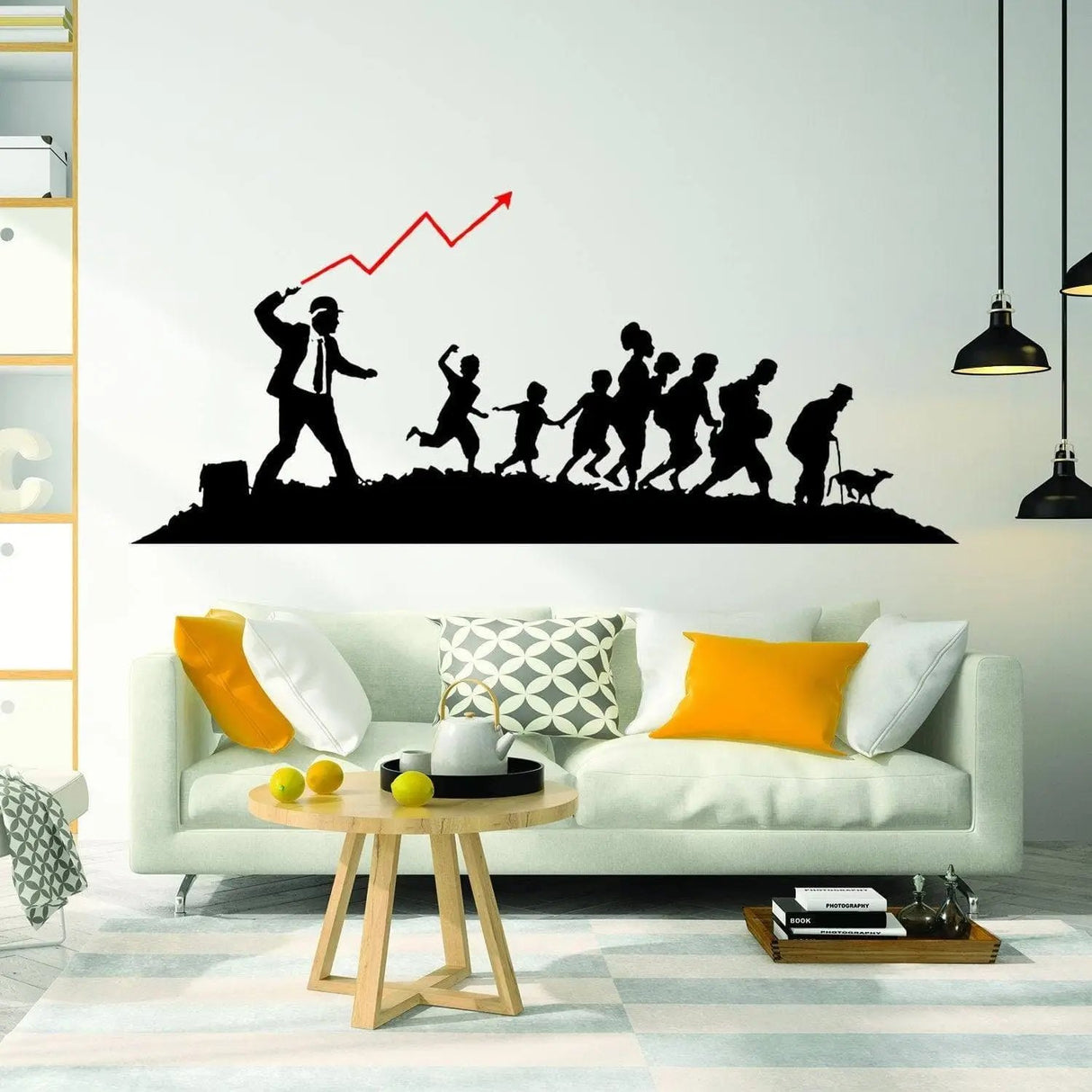 Banksy businessman vinyl wall sticker in a modern living room, showcasing growth and sophistication.