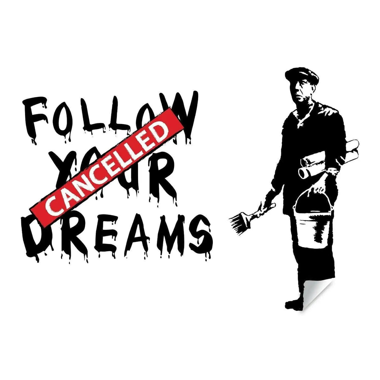 Urban Dreams Wall Decal featuring a street art design with 'Follow Your Dreams' crossed out, in black and red.