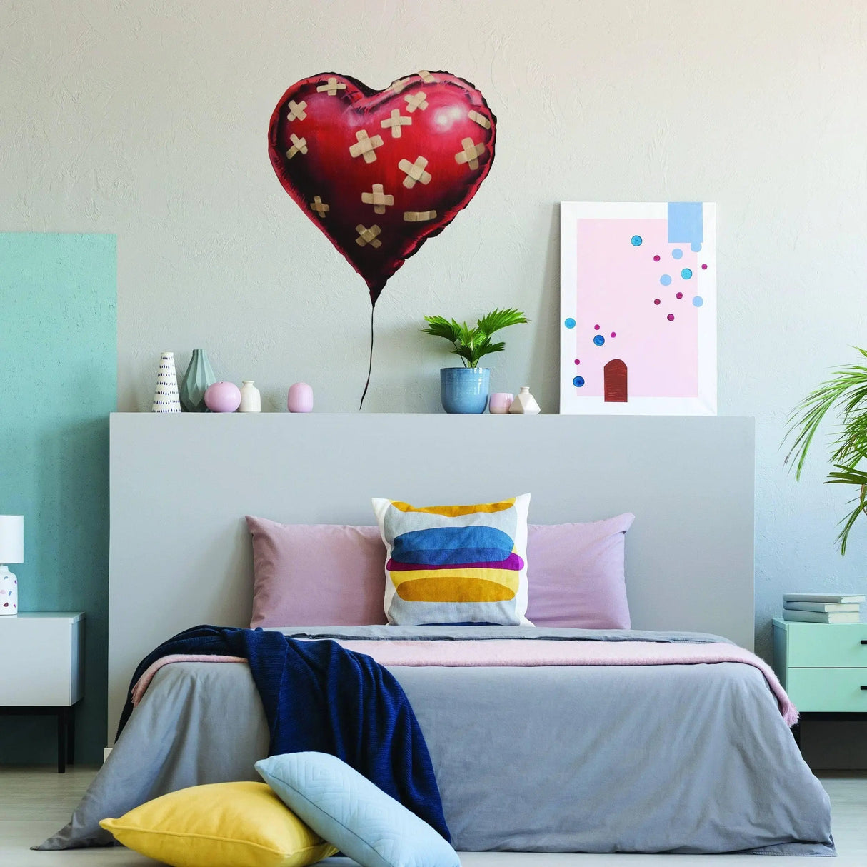 Stylish heart balloon wall sticker in modern bedroom for urban chic home decor.