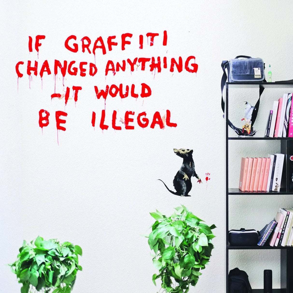 Banksy-inspired vinyl wall decal featuring graffiti quote and rat design, perfect for urban home decor.